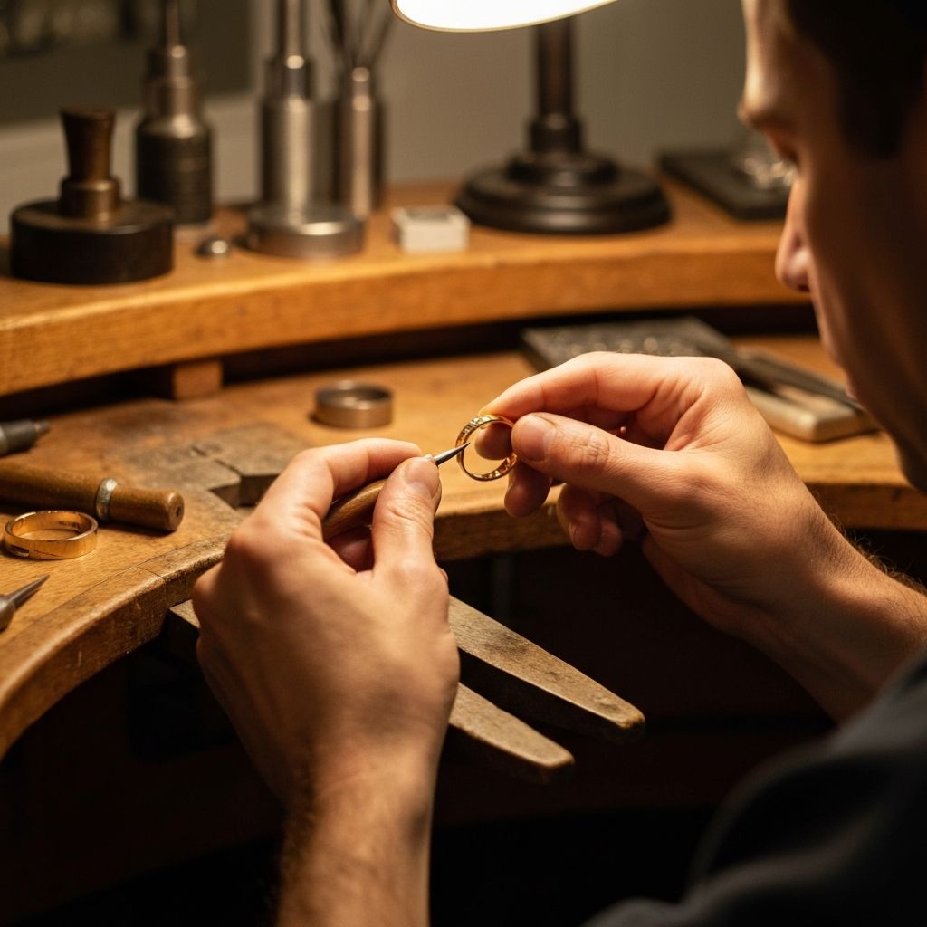 Artisan jeweler crafting a gold ring at workbench